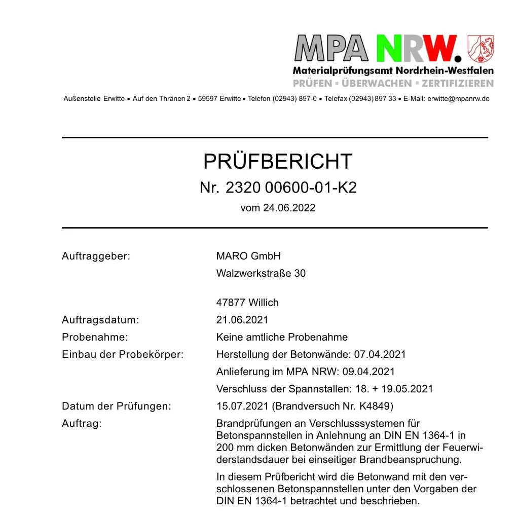 Prüfbericht Brandprüfungen MARO® FW Kleber